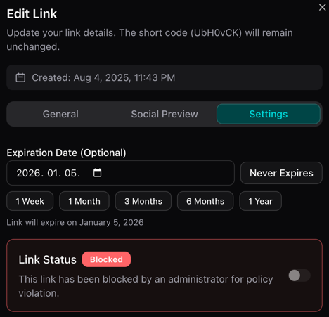 차단된 링크의 대시보드 UI — Blocked 배지와 비활성화된 토글